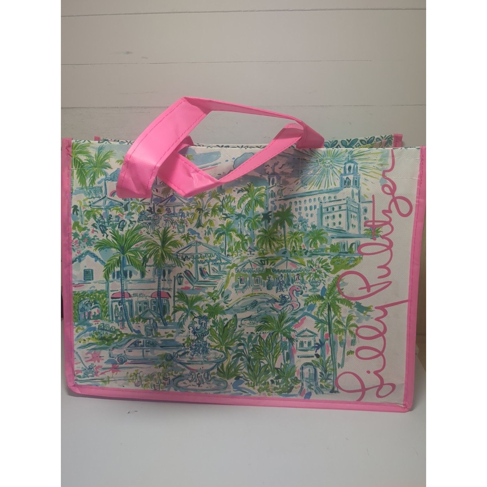 Lilly Pulitzer Shopping Bag Tote Palm Tree Green  Pink Reusable 11 X 15 X 7